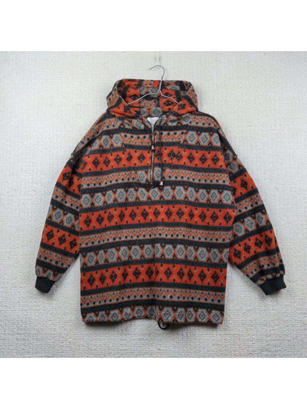 Vintage Aztec Sherpa Fleece Anorak Hoodie Orange Sz S Folk Boho Outdoor Gorp